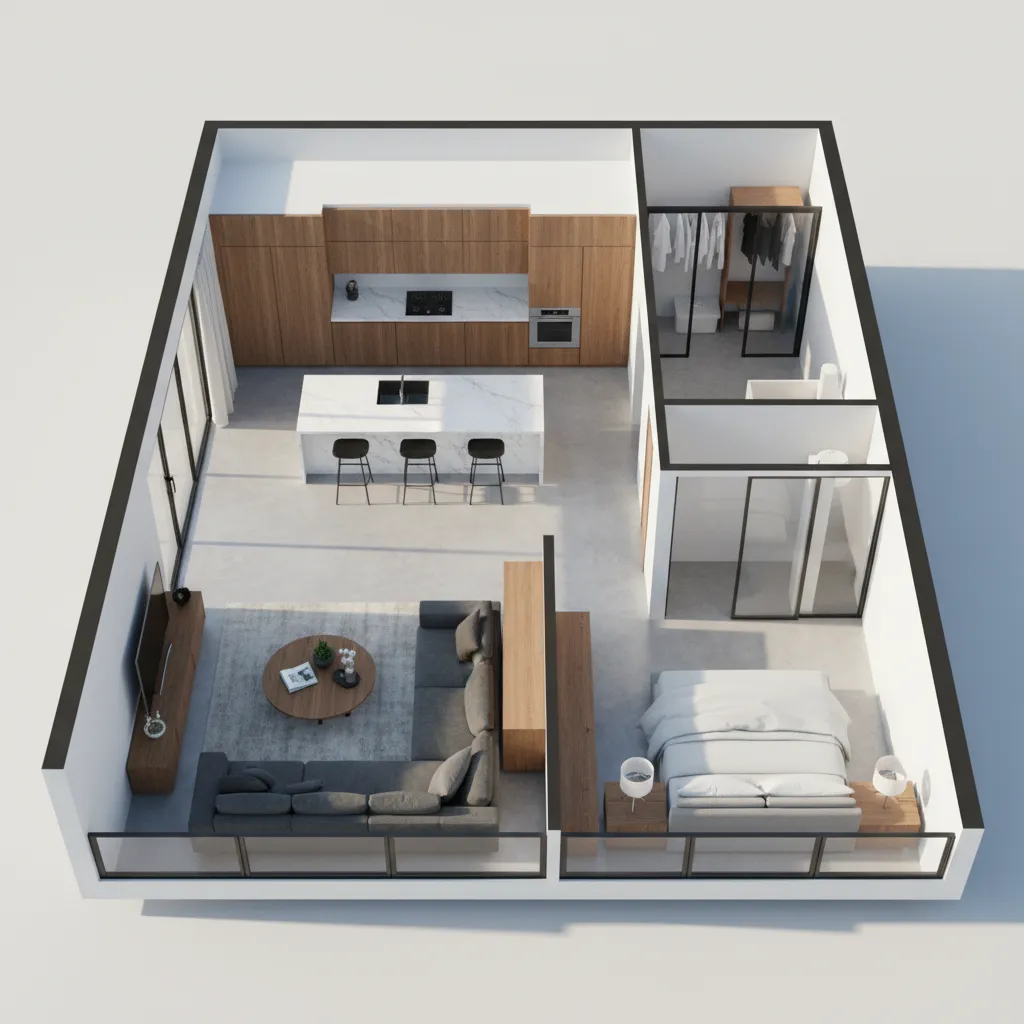Interior design drawing of apartment layout with kitchen island grey sofa bedroom and closet space