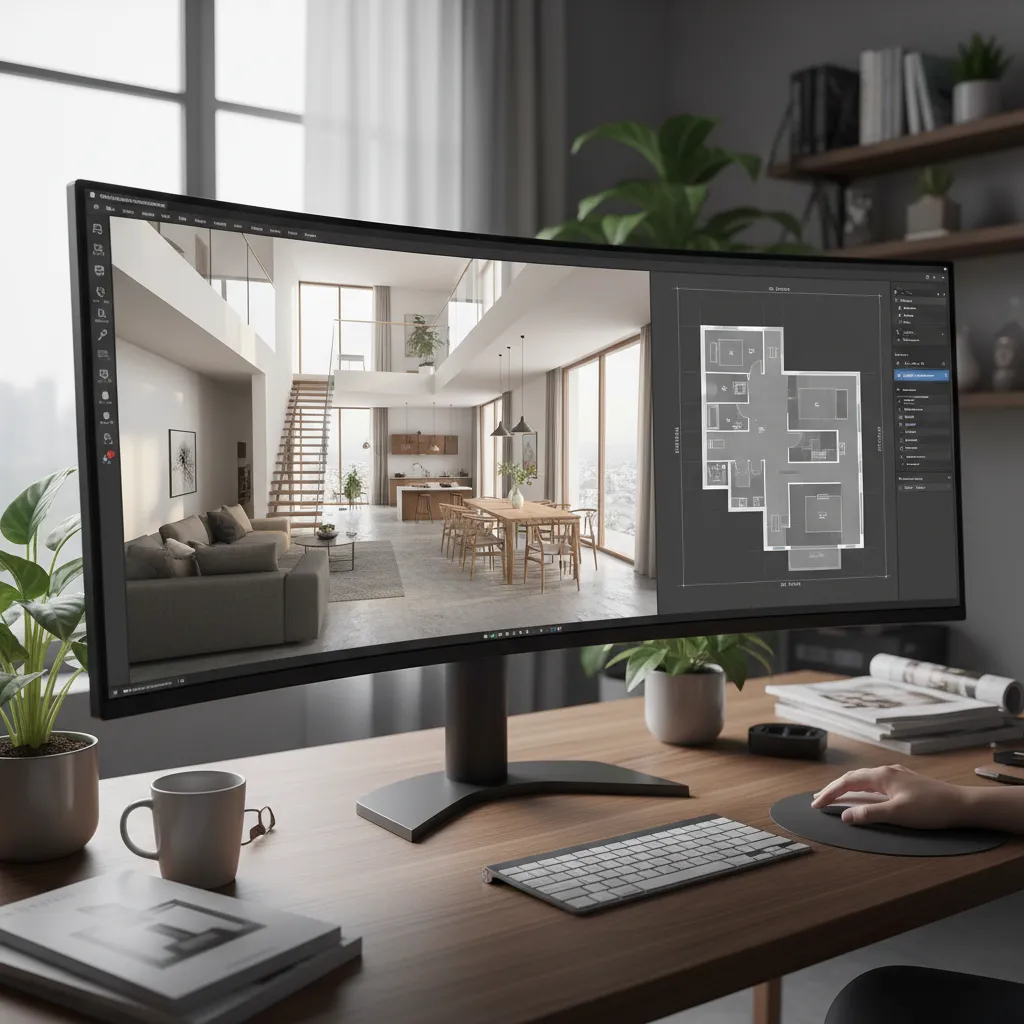 Wide computer monitor showing Coohom software with 3D living room view and 2D floor plan