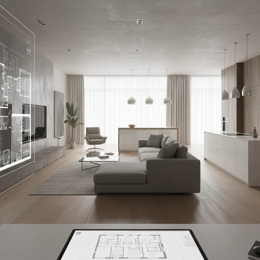 Modern living room showing floor plan on tablet and digital layout on wall for design