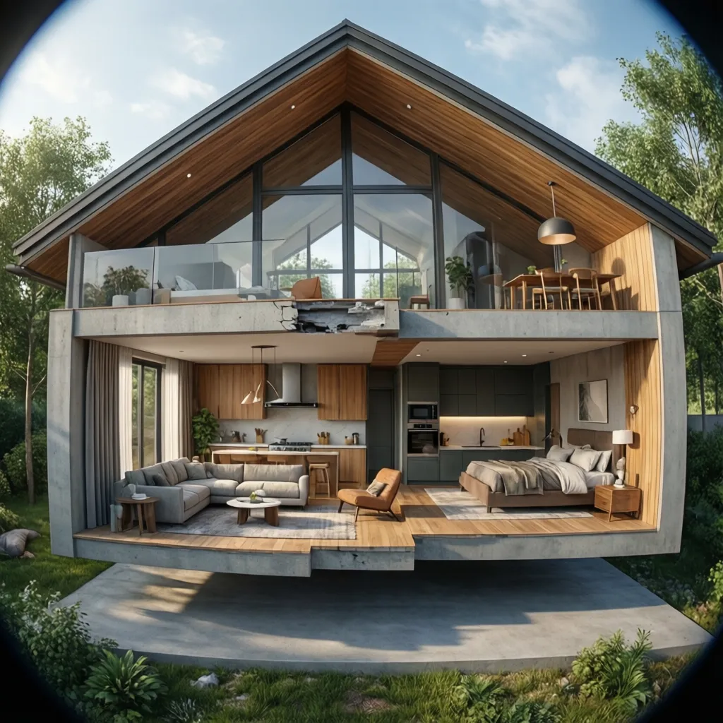 Interior design drawing of two levels featuring living room kitchen bedroom and upper level dining