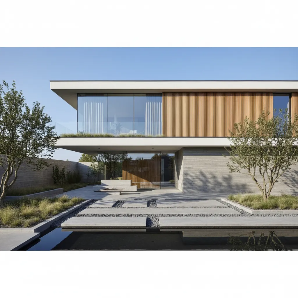 Modern two story house with glass windows wood panels stone walls garden trees and pond
