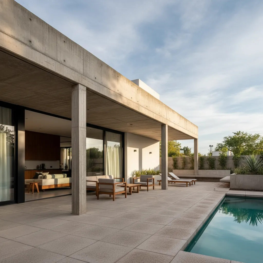 Modern concrete house exterior featuring outdoor sofa set lounge chairs swimming pool and large glass windows