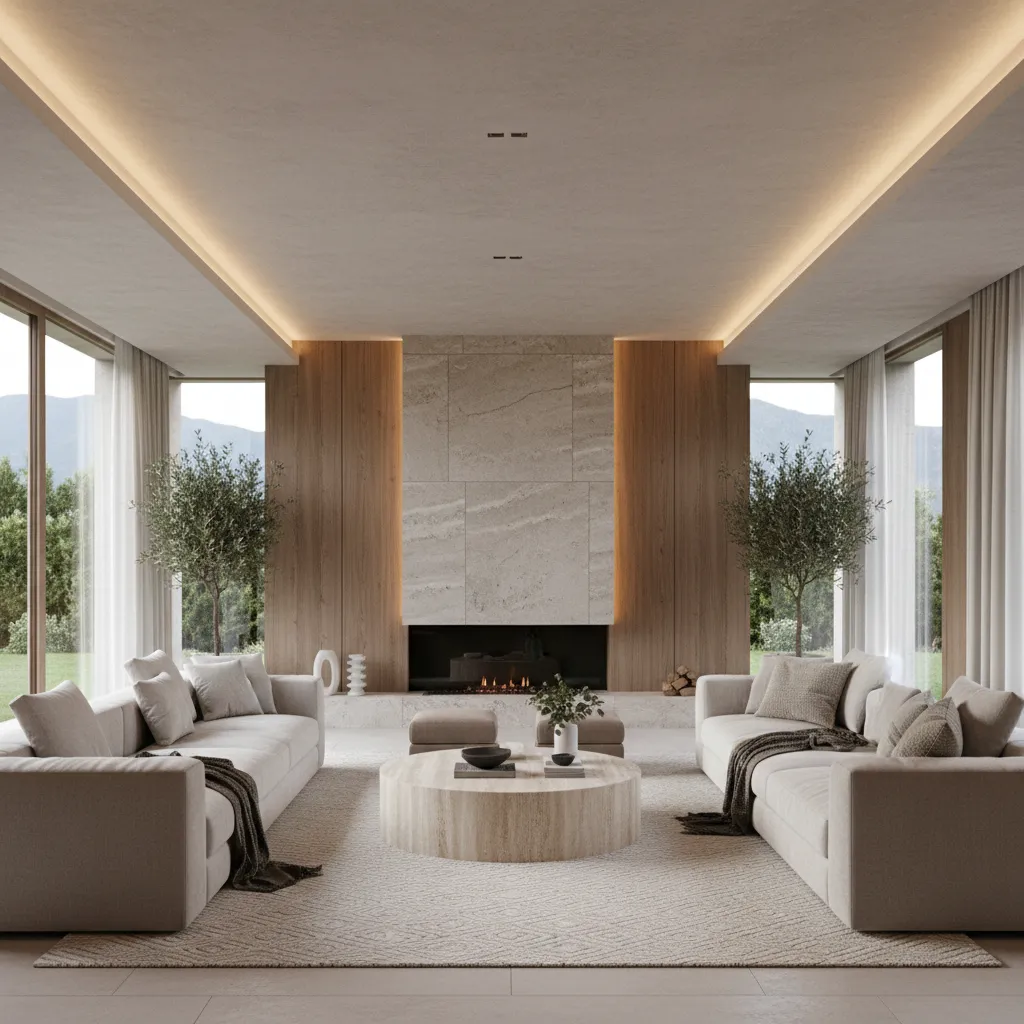 Symmetrical living room with two sofas, stone fireplace, wooden wall panels, and large glass windows