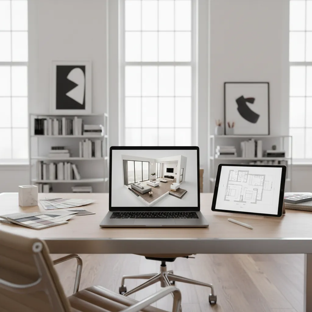 Laptop displaying interior design drawing beside a tablet showing a house floor plan on desk
