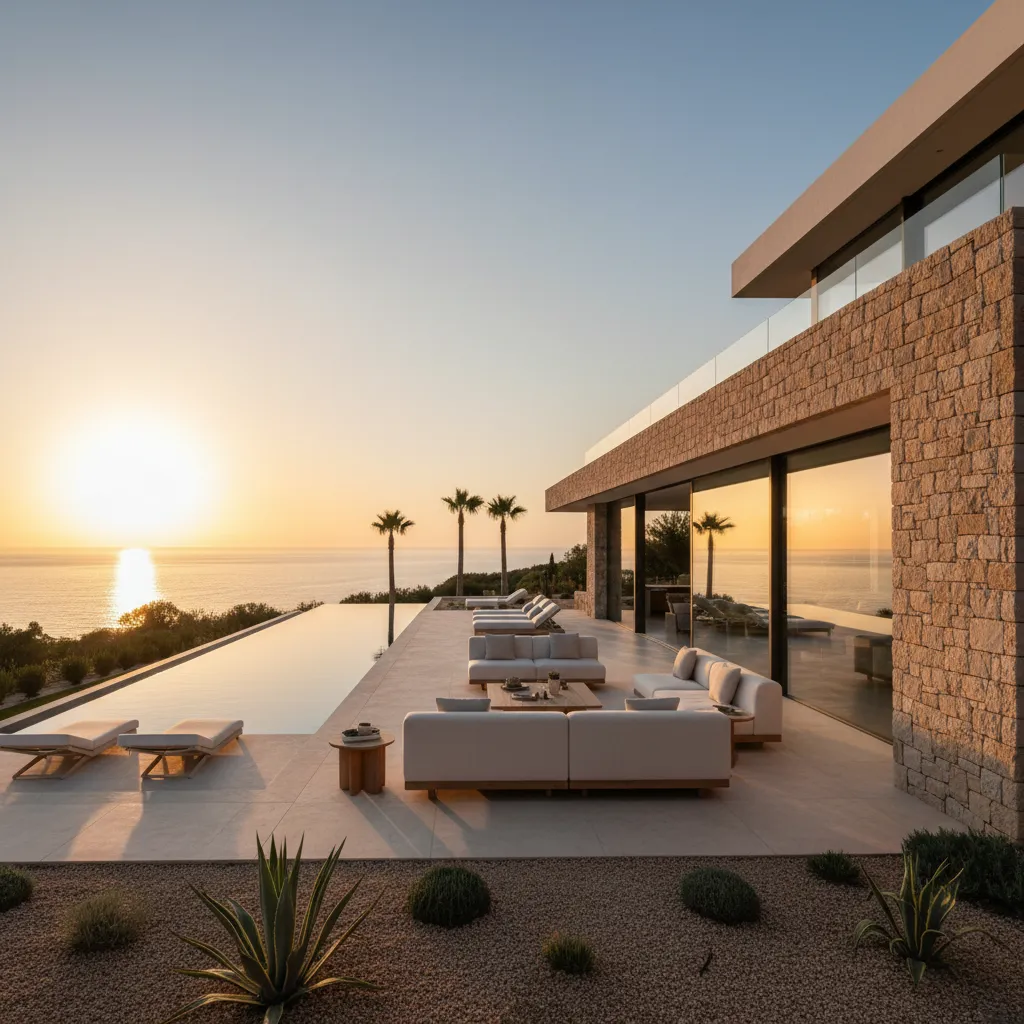 Luxury outdoor patio with stone wall white sofas infinity pool and sunset over the ocean