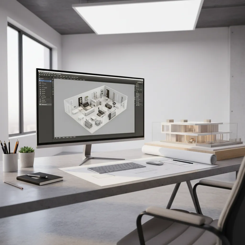 Interior design drawing on computer screen with physical house model and paper floor plans on desk