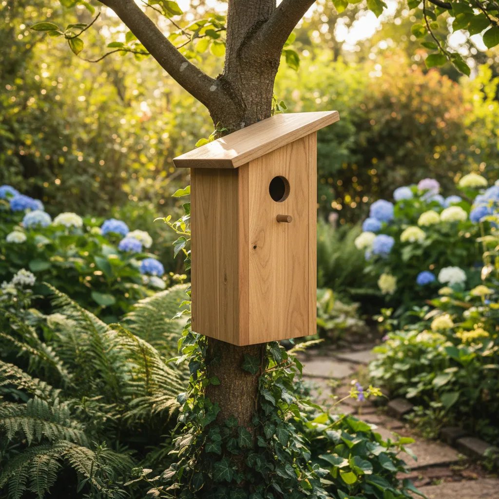 Wooden birdhouse mounted on a tree trunk in a garden with many bright blue flowers