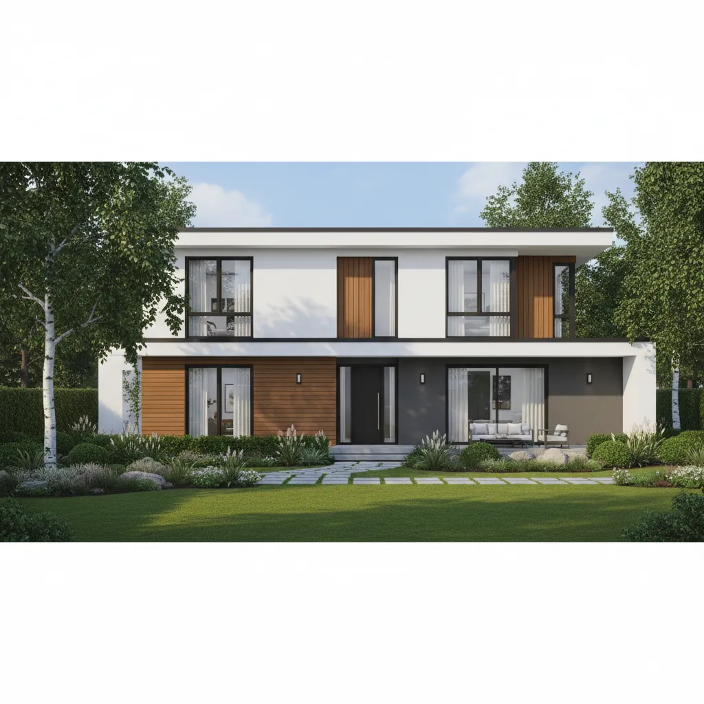 Modern white two story house featuring wood wall panels black framed windows and a green lawn