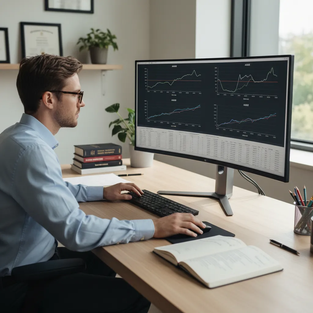 Man in blue shirt and glasses sitting at desk using computer showing data line graphs