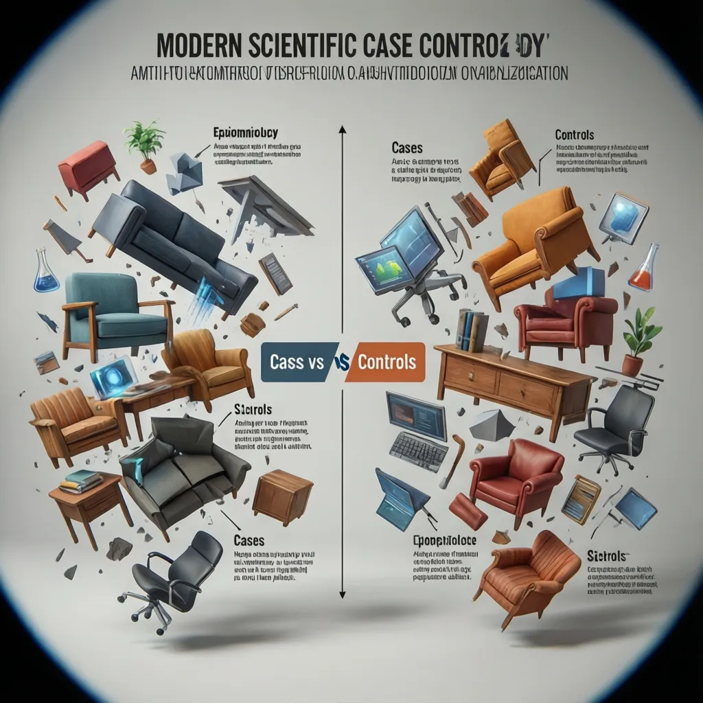 Infographic diagram comparing case and control groups showing various floating sofas, chairs, tables, and cabinets