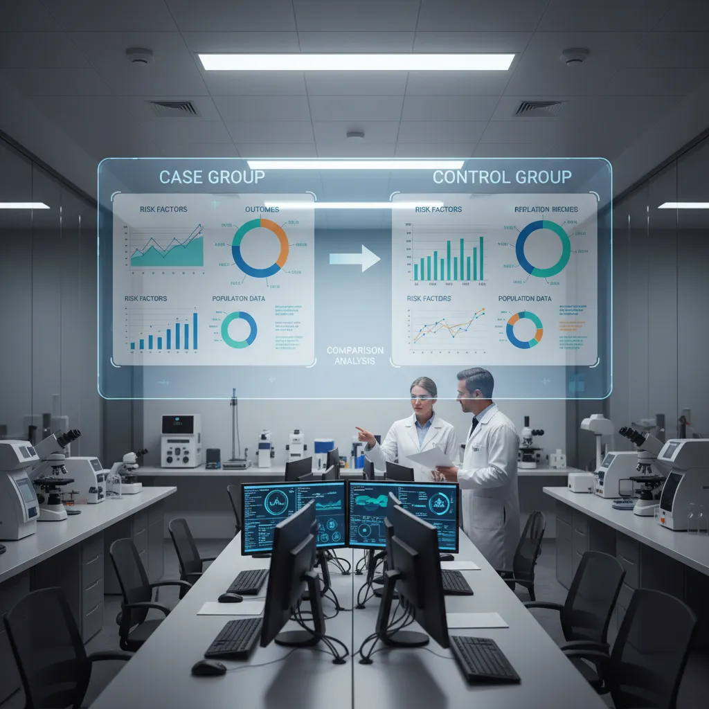 Two scientists in white lab coats viewing medical data charts on a glowing futuristic screen