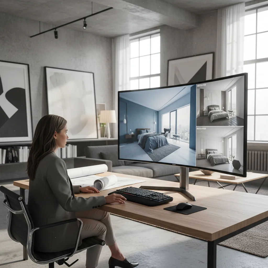 Professional designer sitting at desk using large monitor to show bedroom interior design comparison results