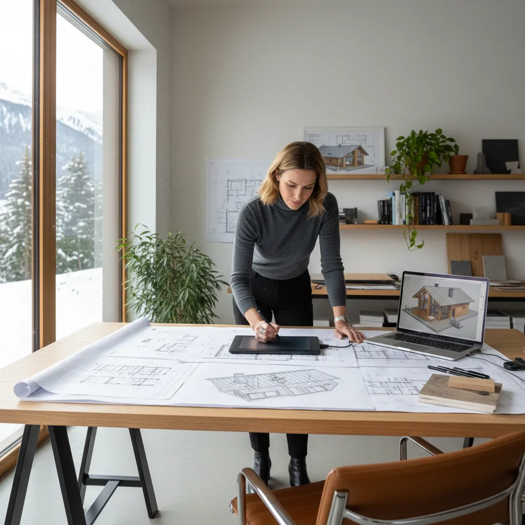Female designer using digital pen on paper house plans in studio with snowy mountain view