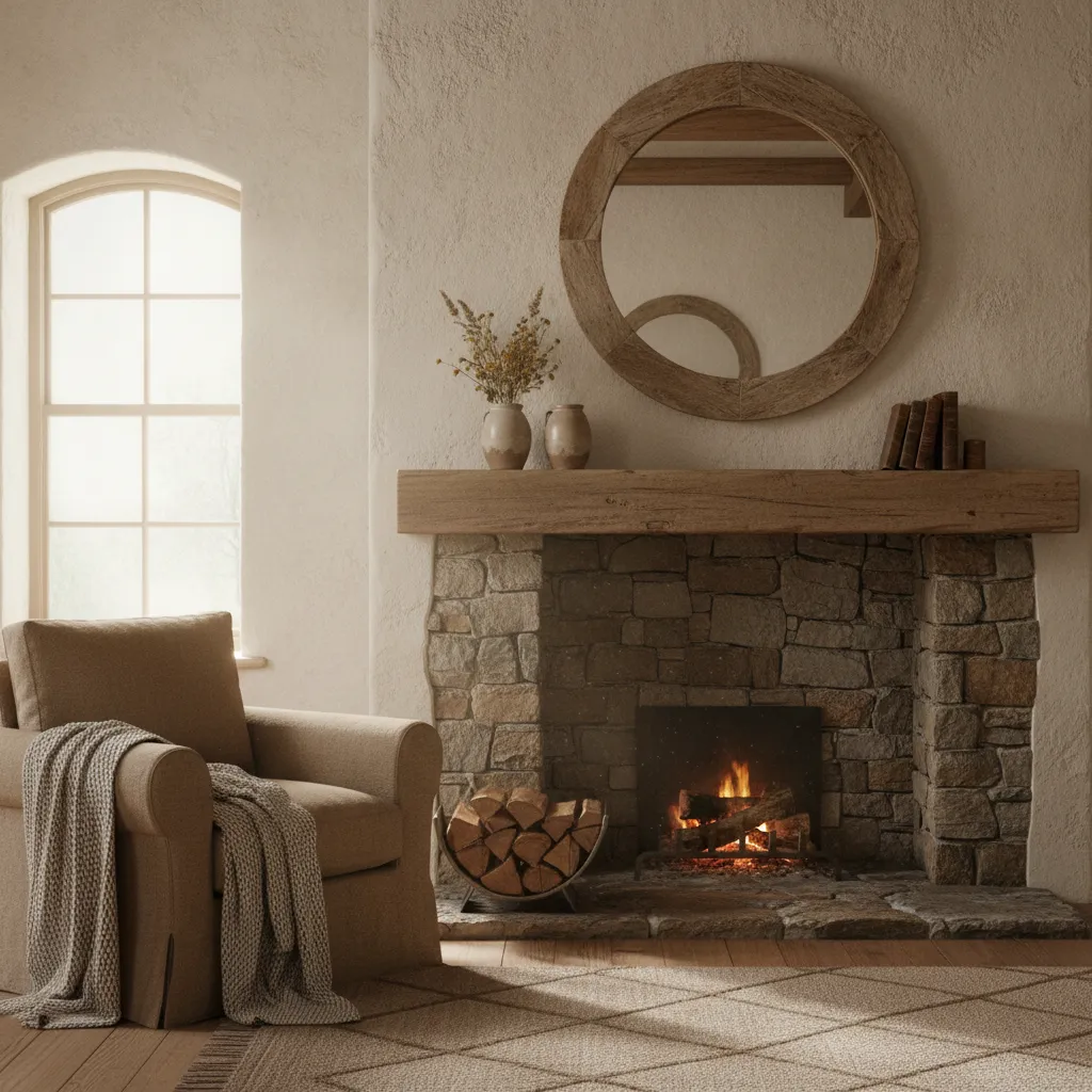 Chimenea rústica sencilla con repisa de madera maciza