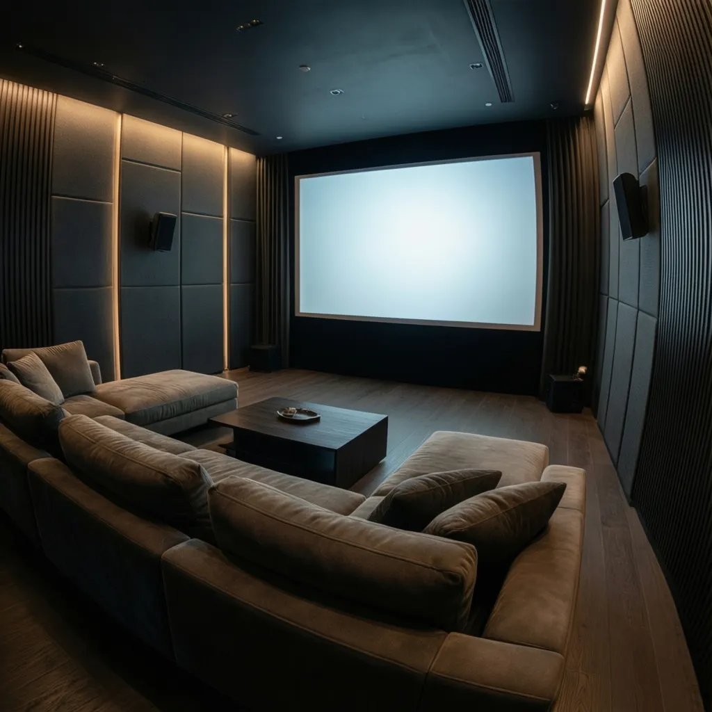 Modern home theater room featuring large sectional sofa, wall panel with lights, and projector screen