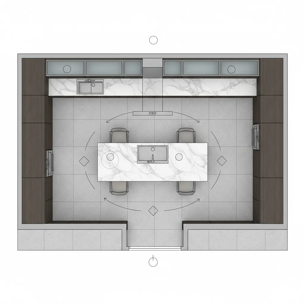 Plano de cocina con rutas de circulación alrededor de una isla