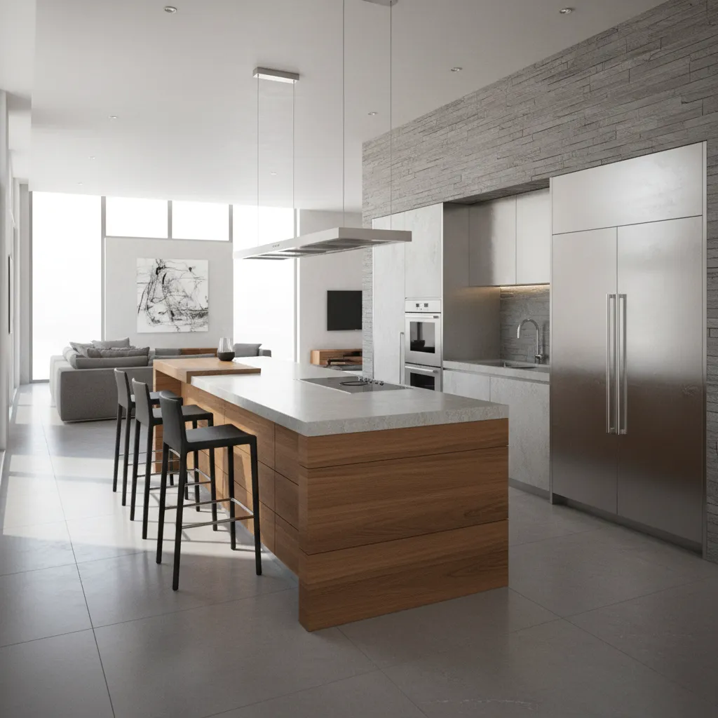 Modelo 3D de cocina moderna con isla y distribución abierta