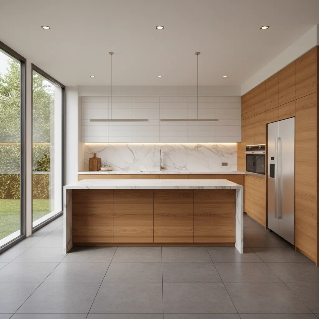 Modern kitchen with wooden cabinets, marble island, white tiles, and large windows facing a garden