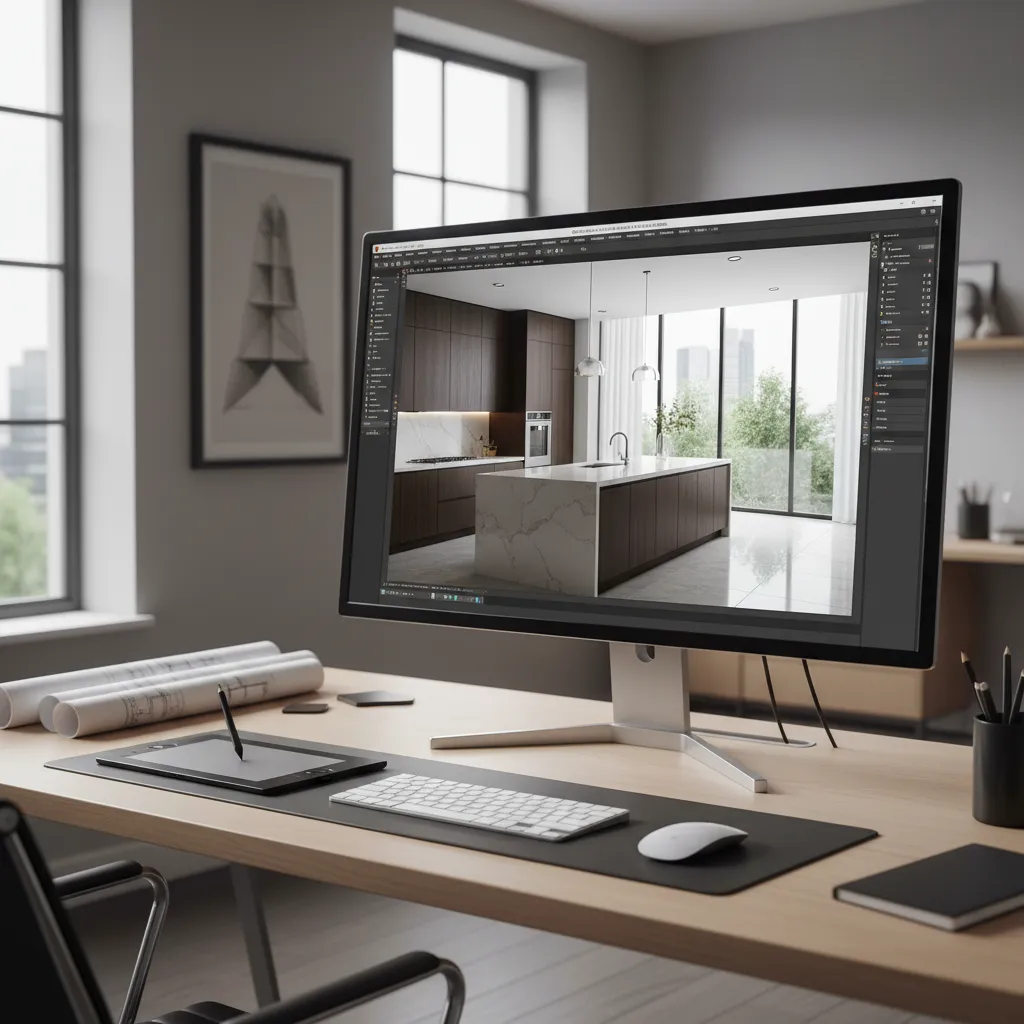 Visualización 3D de una cocina moderna en software de diseño