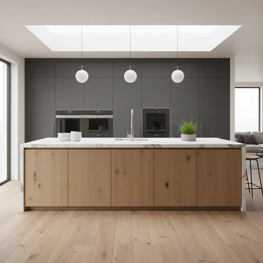 Modern kitchen with grey cabinets wood island marble countertop three white ceiling lights and flooring