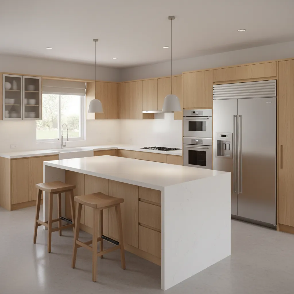 Modern kitchen with light wood cabinets white island two stools and stainless steel fridge view