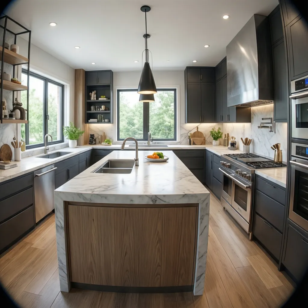 Diseño 3D de una cocina moderna con isla y distribución funcional