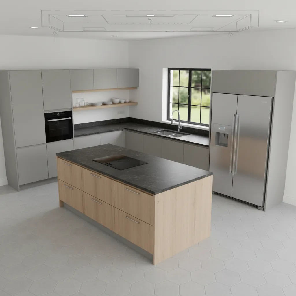 Grey kitchen cabinets with wood island black countertop stainless steel fridge sink and window view
