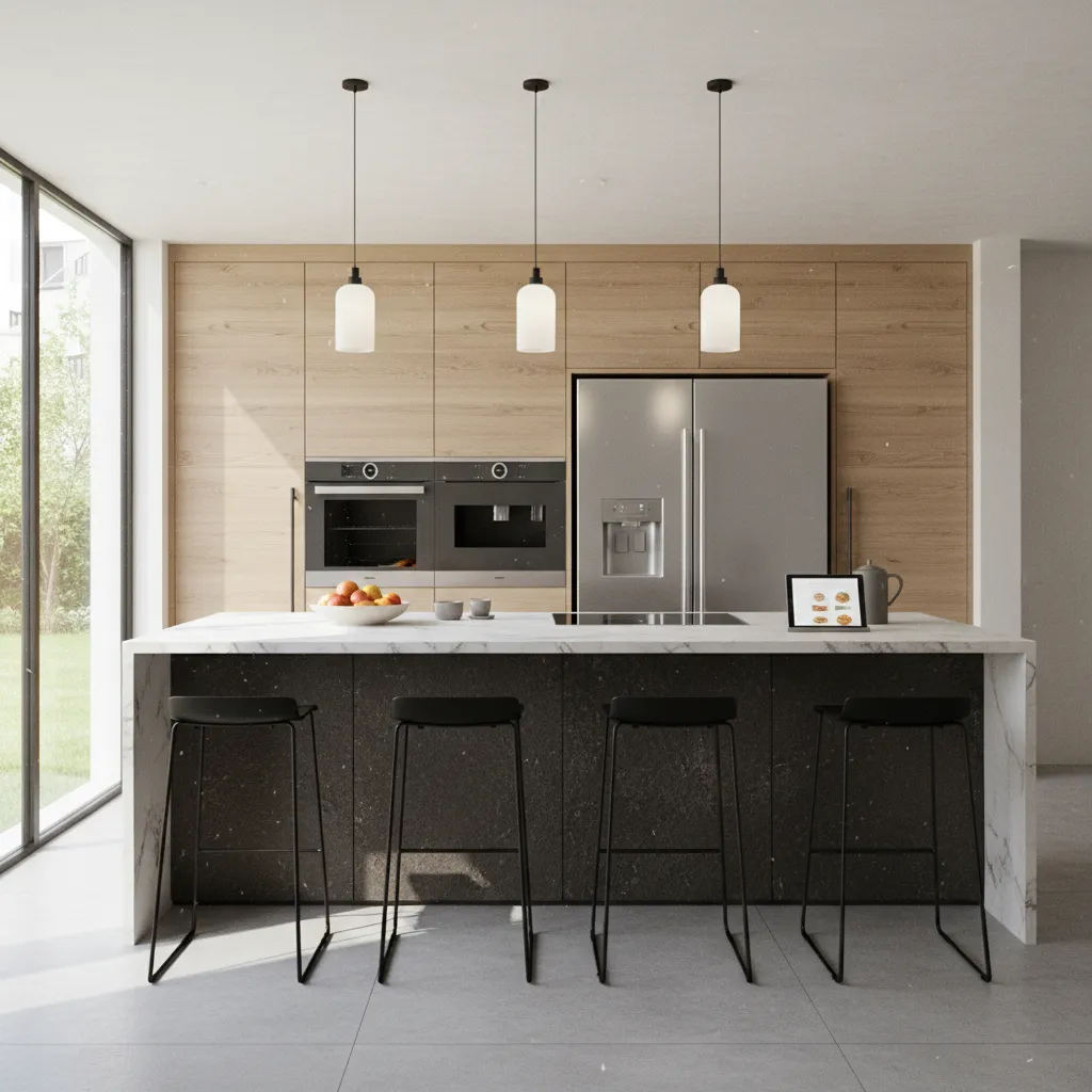 Modern kitchen with wood cabinets marble island four black stools three white ceiling lights and fridge
