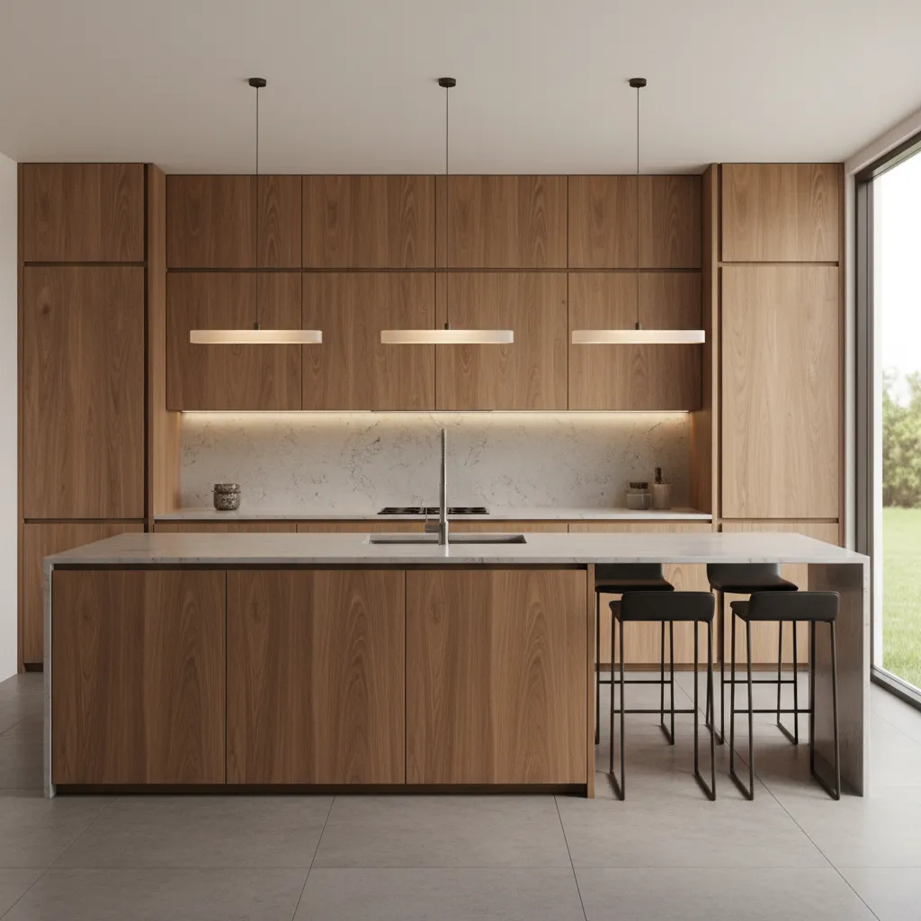 Diseño 3D de una cocina moderna dentro de un modelo de vivienda