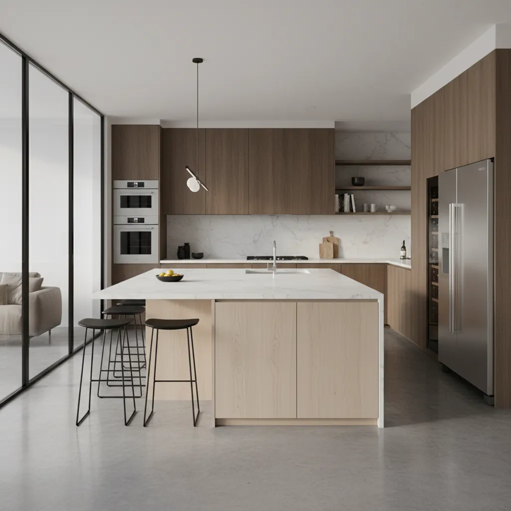 Modern kitchen with wood cabinets white marble island black bar stools and stainless steel fridge