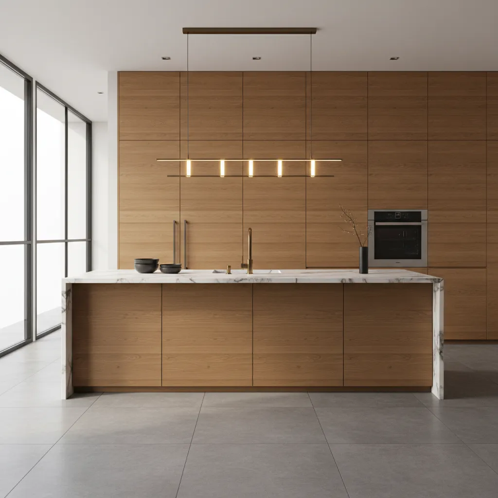 Minimalist kitchen with wooden cabinets marble island sink black oven ceiling light and large windows