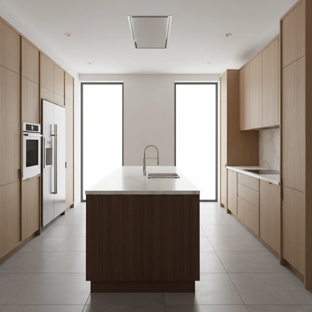 Diseño 3D de cocina con distribución de muebles y electrodomésticos