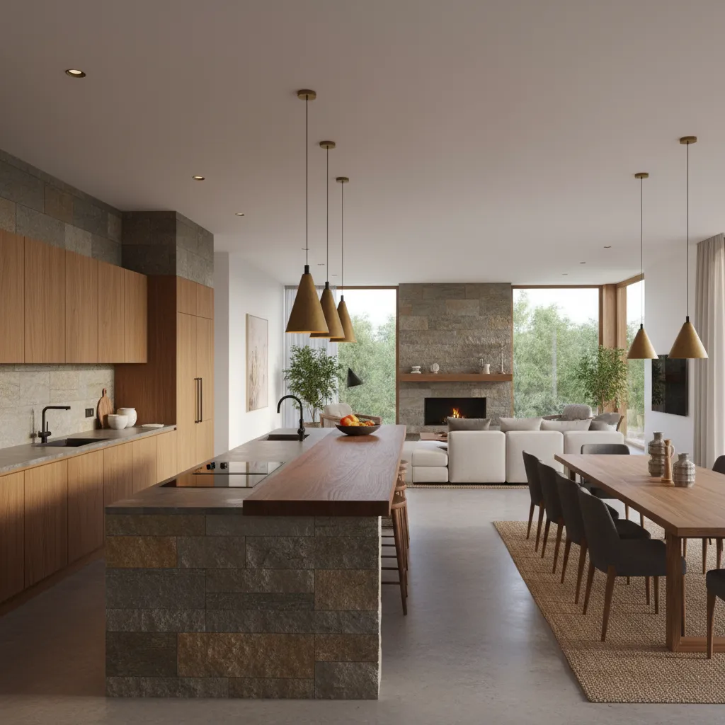 Cocina moderna abierta conectada con comedor