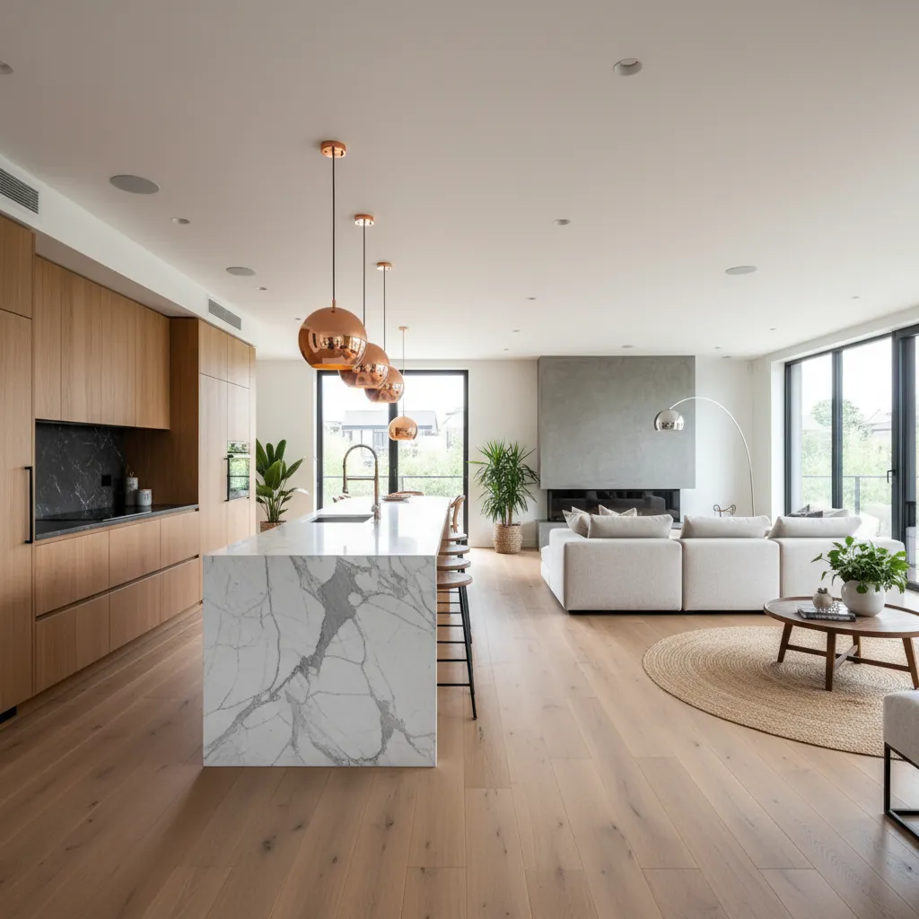 Cocina abierta bien distribuida conectada al salón