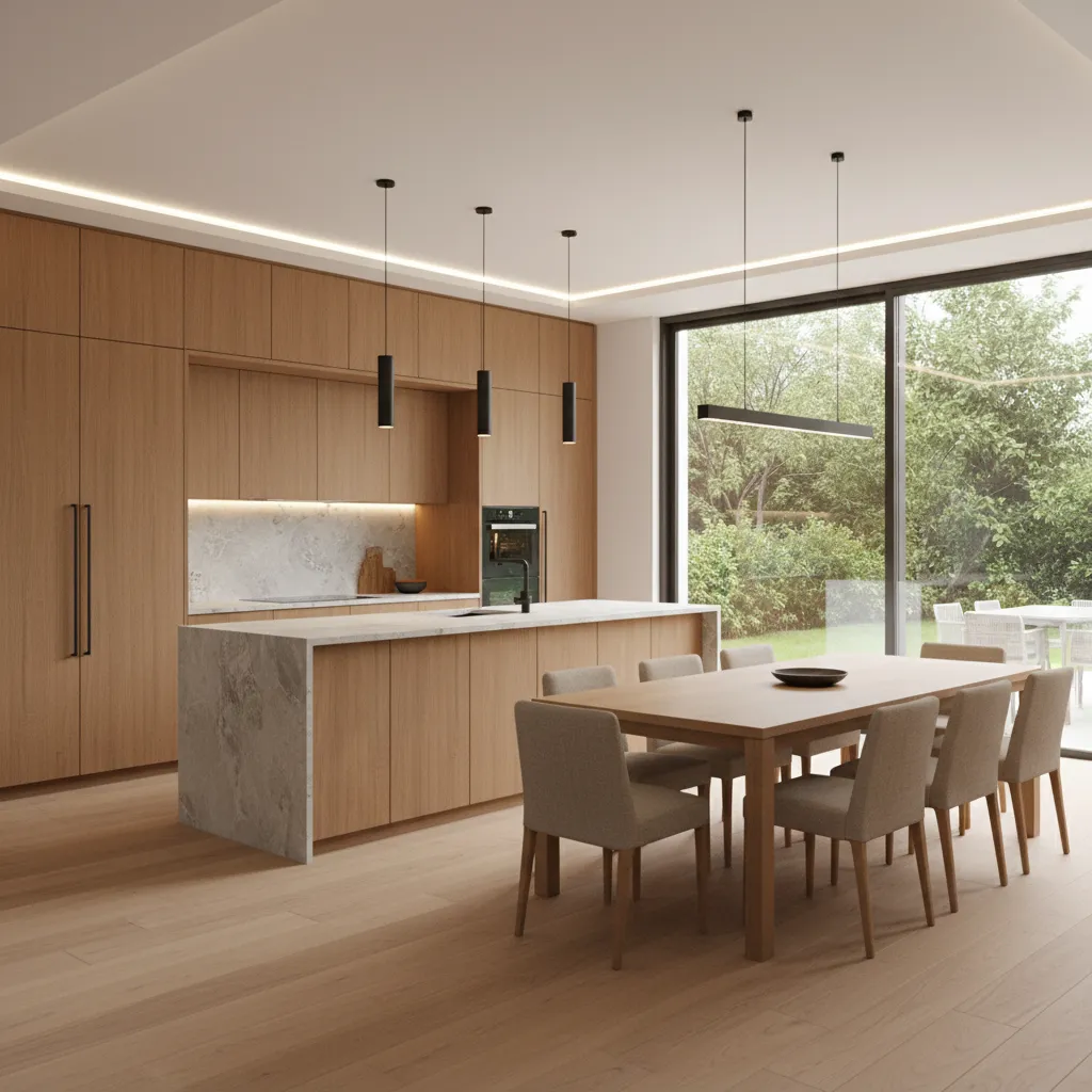 Cocina moderna abierta conectada con el comedor