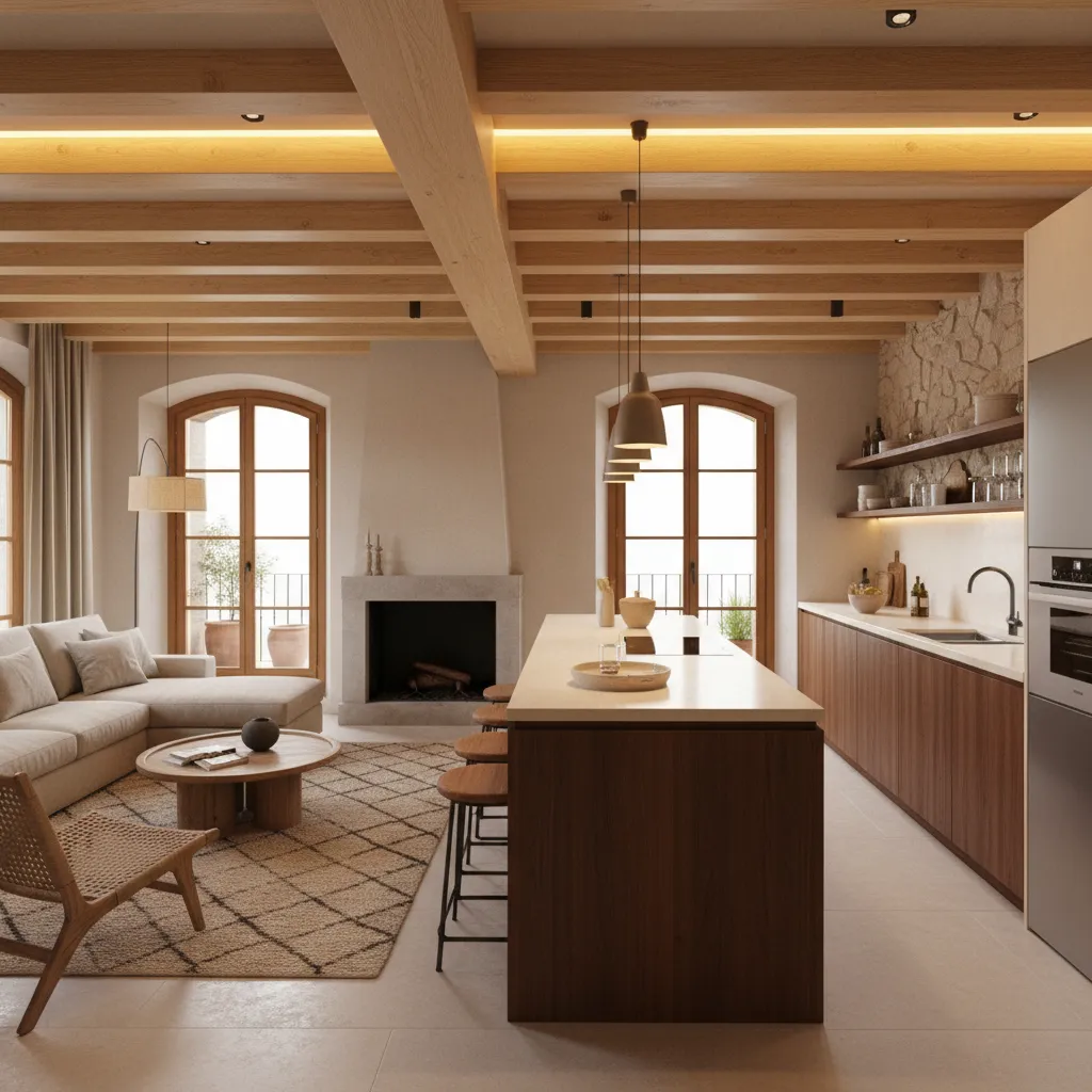 Cocina abierta conectada con el salón en una vivienda moderna