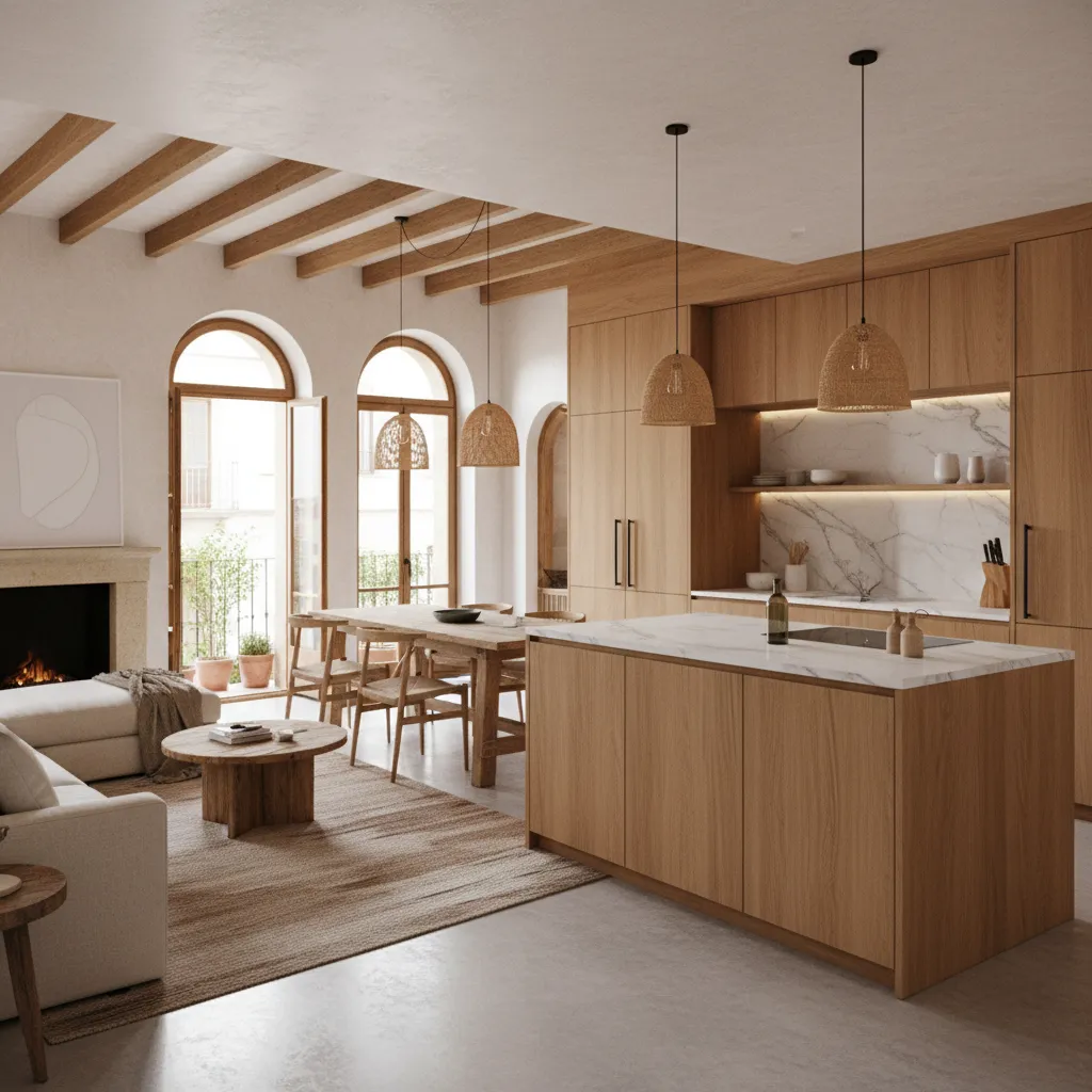 Cocina abierta integrada con salón en vivienda moderna