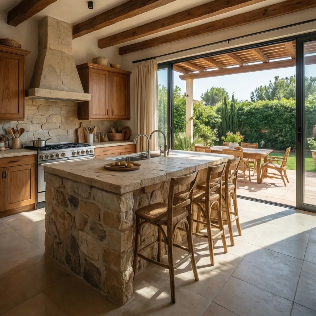 Cocina abierta conectada con terraza en casa mediterránea