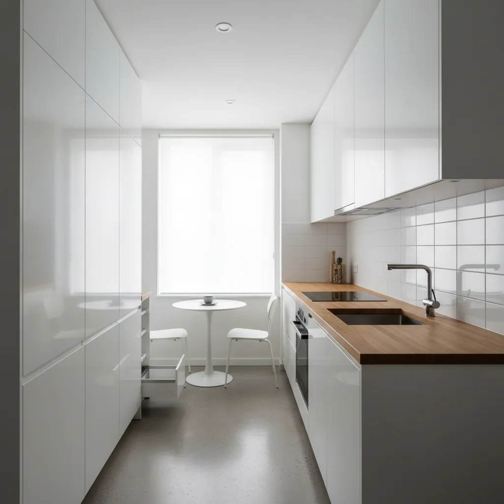 Narrow white kitchen with wooden countertop, white cabinets, and small round dining table by windows
