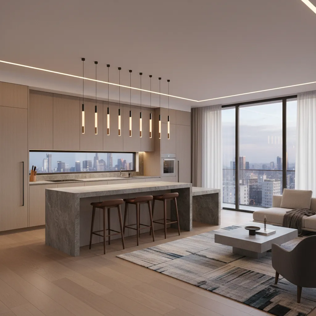 Modern kitchen featuring marble island, bar stools, wood cabinets, ceiling lights, and city view windows
