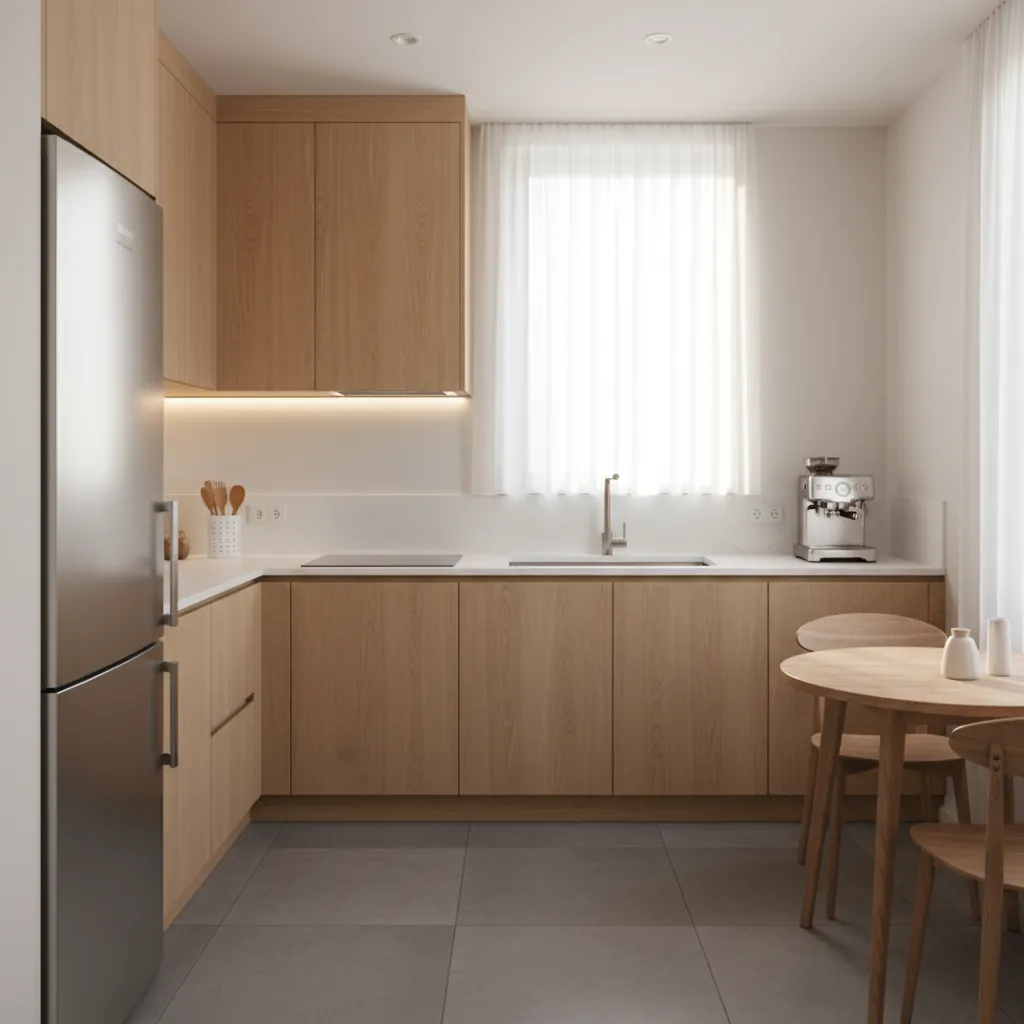 Cocina moderna en L dentro de una casa pequeña