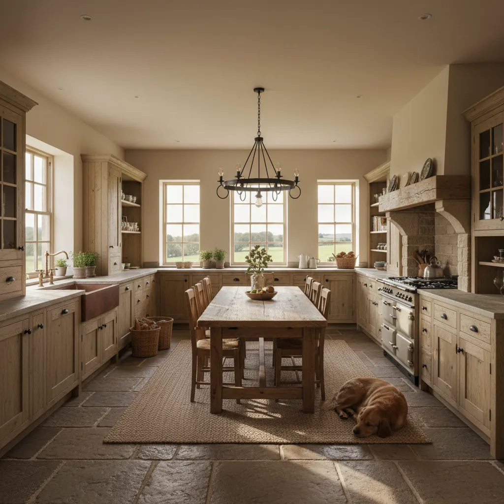 Cocina amplia de casa rural con mesa de madera