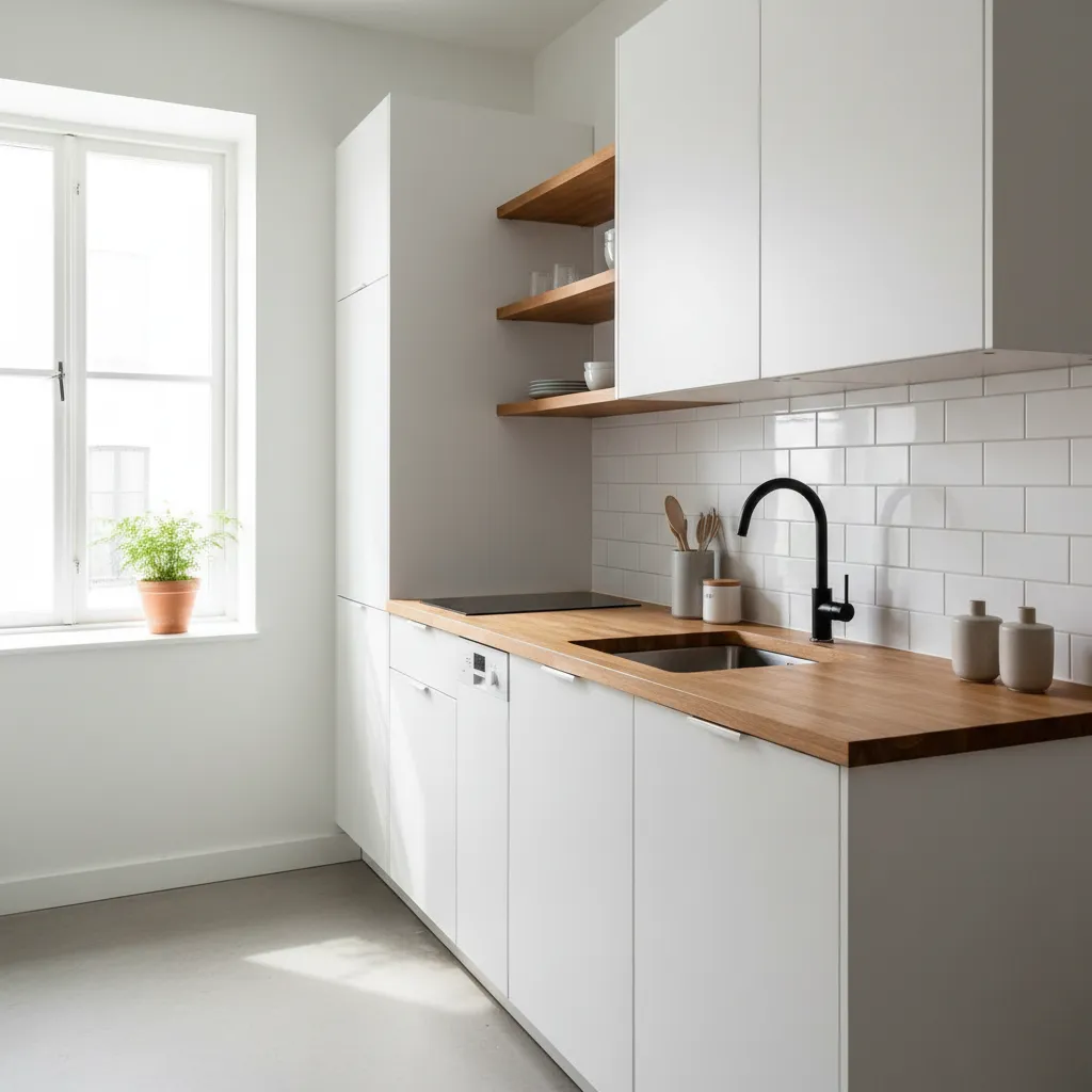 Cocina pequeña bien distribuida con diseño moderno y económico