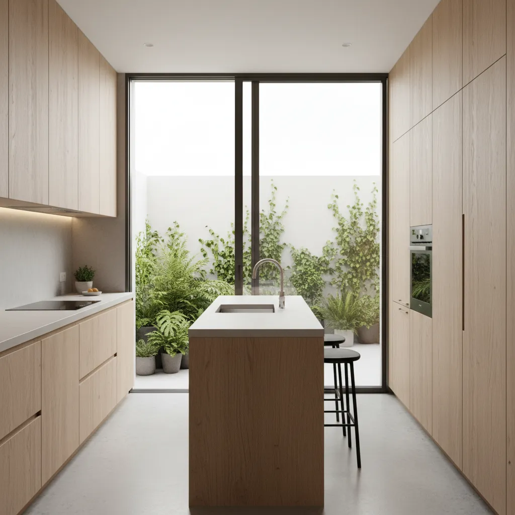 Distribución de cocina moderna conectada con un patio pequeño