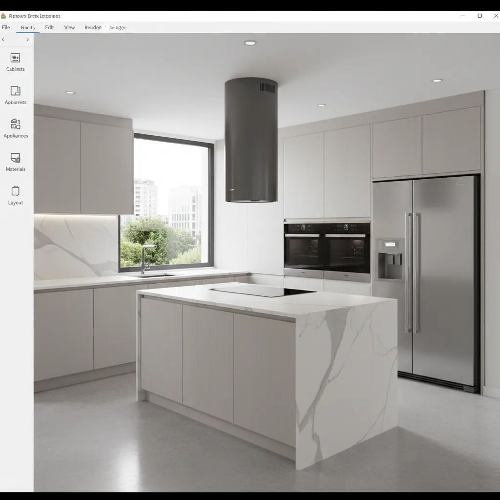 Diseño digital de cocina mostrando distribución de muebles y electrodomésticos