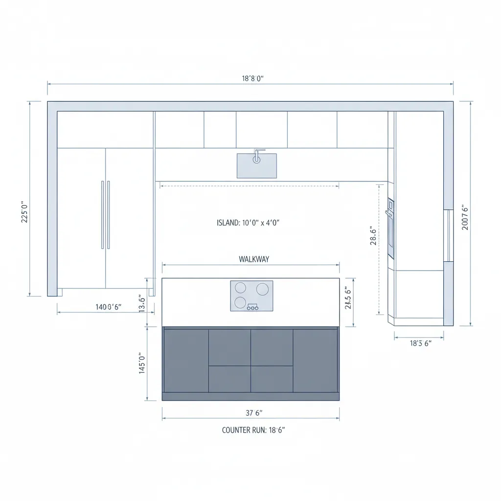 Plano de distribución de cocina con medidas y zonas de trabajo