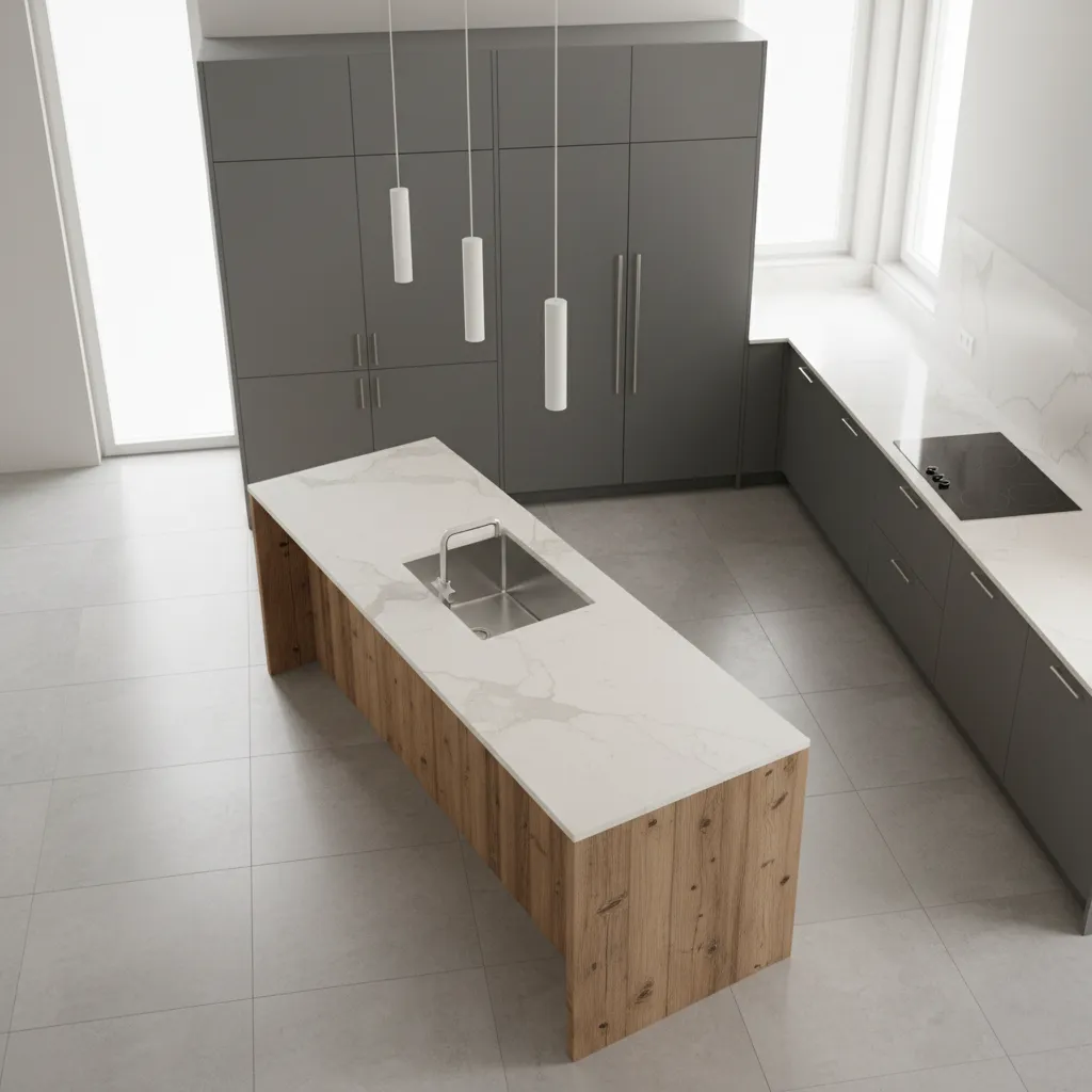 Diseño de cocina moderna mostrando triángulo de trabajo