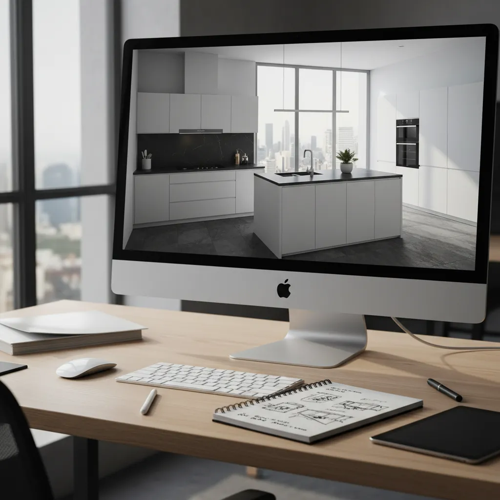 Desktop computer showing modern white kitchen interior design drawing with island cabinets and city view