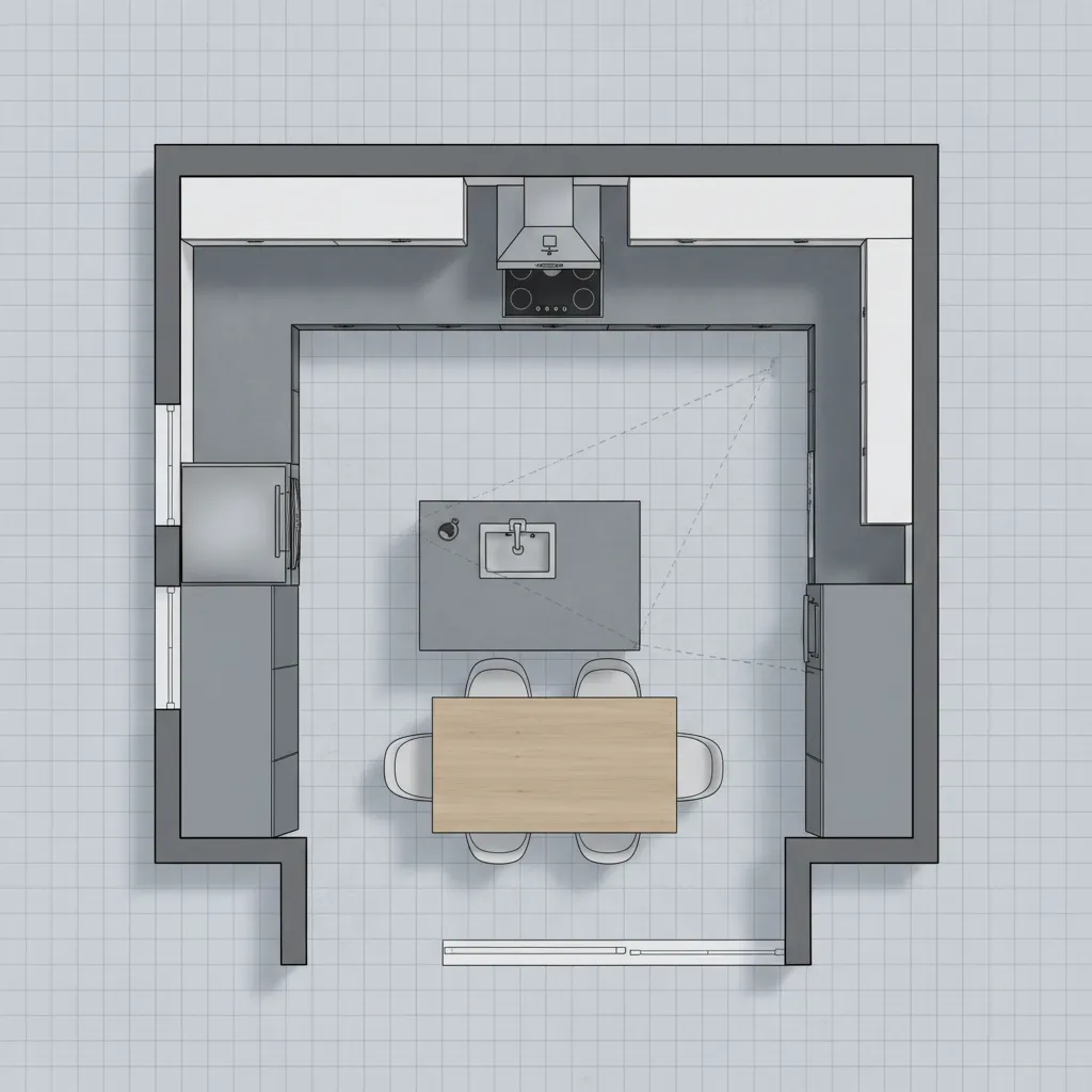 Plano de distribución de cocina mostrando zonas de trabajo
