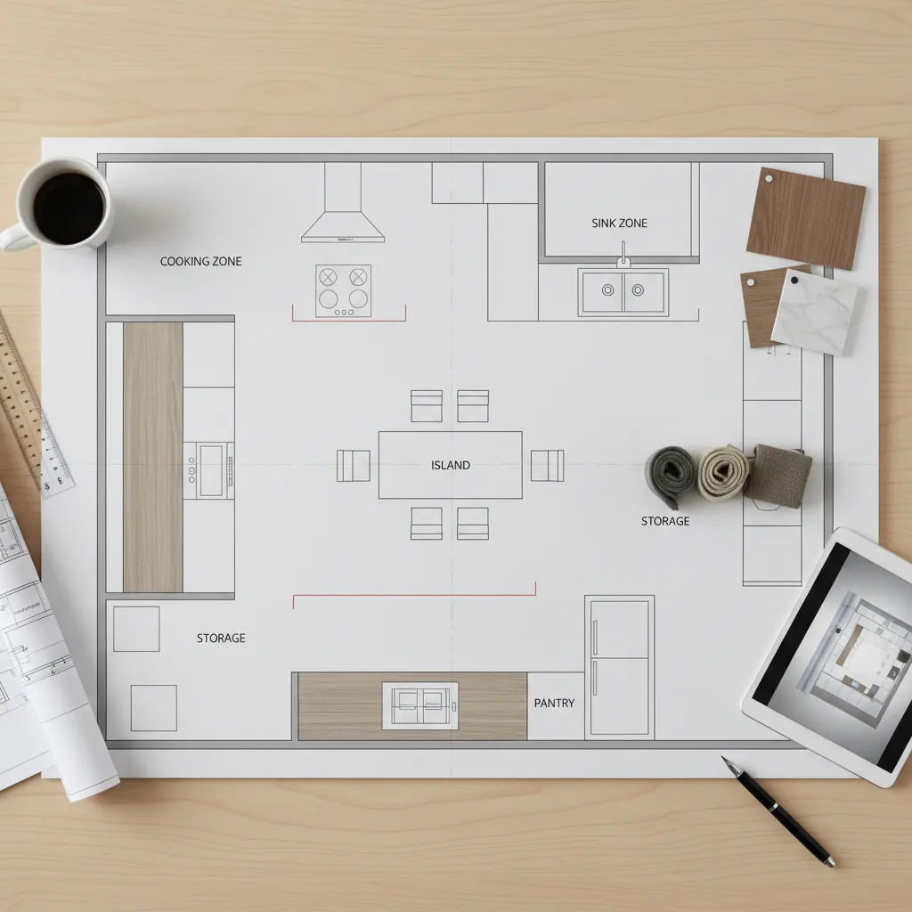 Plano de distribución de cocina con zonas funcionales